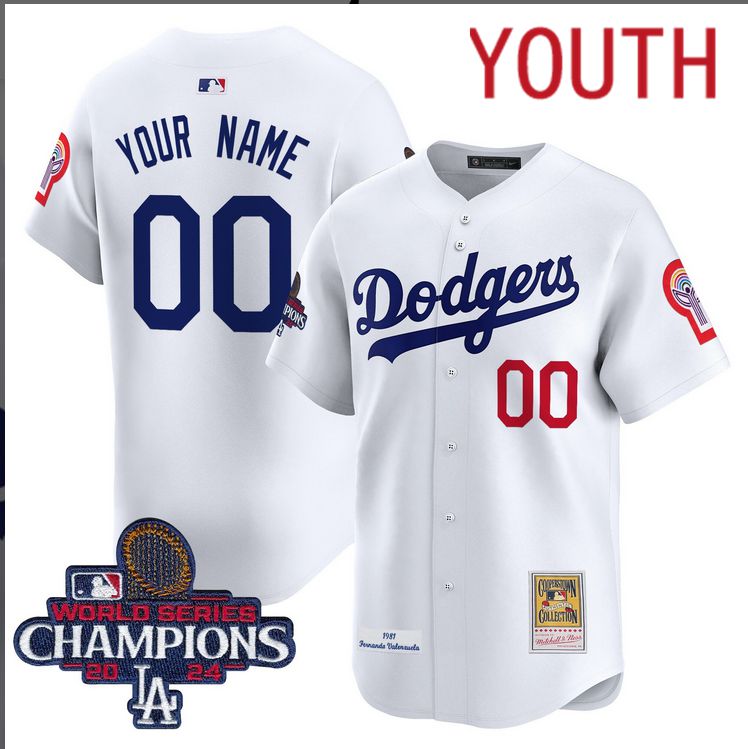 Youth MLB Los Angeles Dodgers Custom white 2024 World Series Champions Patch Cooperstown Jersey style 7->customized mlb jersey->Custom Jersey